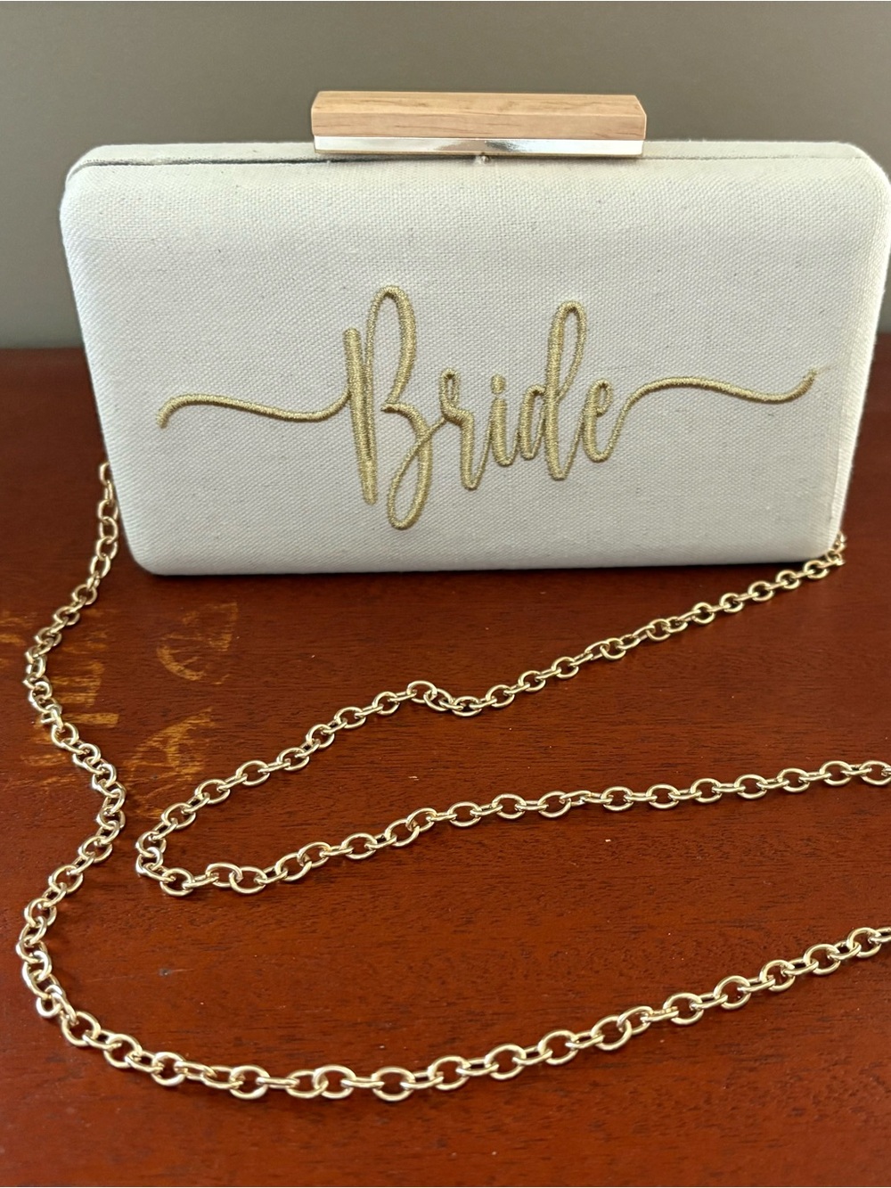 Shiraleah Linen “Bride" Embroidered Canvas Clutch Removable Shoulder strap